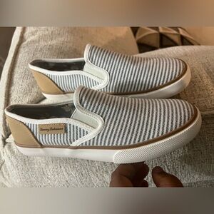 Blue striped slip on flats